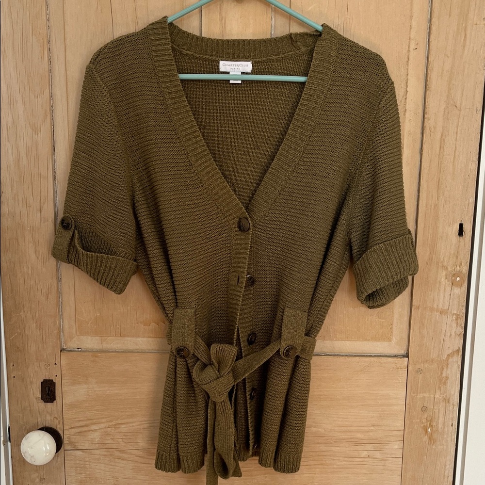 Charter Club Olive Knit Button-Front Belted Cardigan